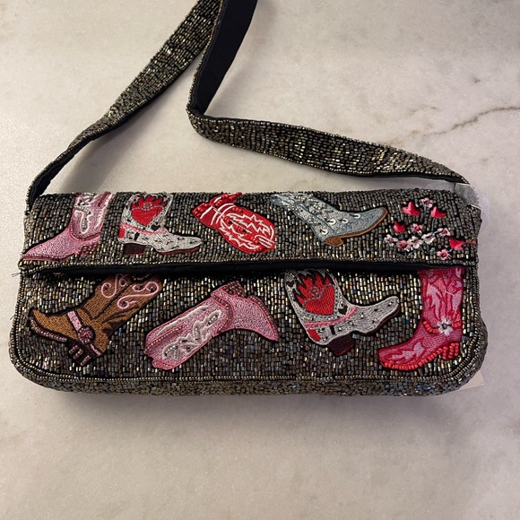 COWGIRL BOOTS BEADED Embellished Western Theme Women's Bag - Picture 3 of 5